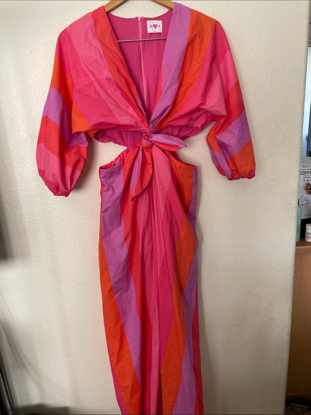 Buddy Love Pink Red Purple Striped Tie-Front Maxi Dress resort 100%cotton L